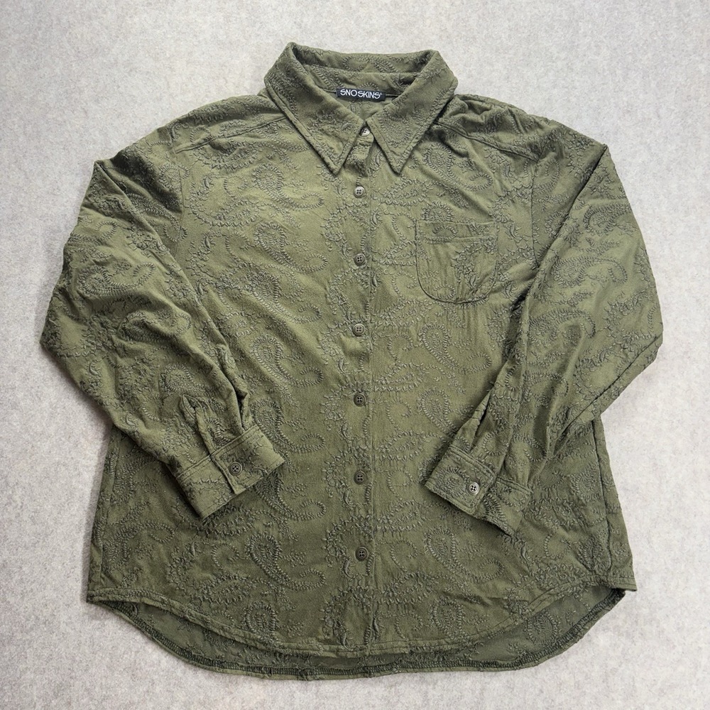 Women's Large Vintage Embroidery Texture Blouse Green Button Up Cottagecore Boho